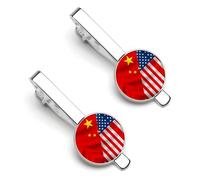 U.S. China Flag 2 Pcs Tie Clips for Men Silver Necktie Bar Pins Classic Suit Accessories Jewelry Gift 5.5x2.2cm