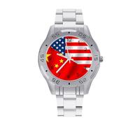 U.S. China Flag Business Watch for Men Metal Band Watches Casual Gift Three-Hand Wrist Watch for Boyfriend Father