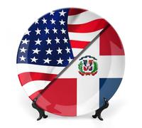 U.S. Flag and Dominican Republic Flag Trendy Bone China Decorative Plate with Display Stand Ceramic Decor Plate Art Crafts 10inch