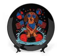 U.S. Flag Dog Volleyball Printed Bone China Decorative Plate Ceramic Decorative Plate with Display Stand for Home Wall Decor