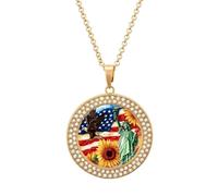 U.S. Flag E-agles Sunflowers Fashion Diamond Round Pendant Necklace Multicolored Necklaces Gift for Wife Mother Girlfriend