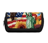 U.S. Flag Ea-gles Sunflowers Cute Double Pencil Case Large Capacity Portable Pen Pouch with Zippered