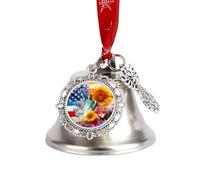 U.S. Flag Eagles Sunflowers Watercolor Christmas Jingle Bells Hanging Ornament with Red Rope Pendant Souvenir for Xmas Tree Decoration Wing Bell