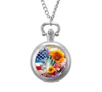 U.S. Flag Eagles Sunflowers Watercolor Vintage Pocket Watch with Chain Classic Numerals White Dial