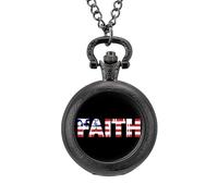 U.S. Flag Faith Vintage Pocket Watch with Chain Classic Numerals White Dial