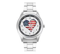 U.S. Flag Love Heart Logo Trendy Wrist Watches for Men Classic Quartz Stainless Steel Strap Watch