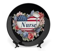 U.S. Flag Nursing Nurse Printed Bone China Decorative Plate Ceramic Decorative Plate with Display Stand for Home Wall Decor