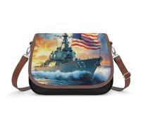 U.S Flag Warship Navy Battleship Crossbody Bags PU Leather Shoulder Bag Handbag Messenger Bag with Shoulder Strap