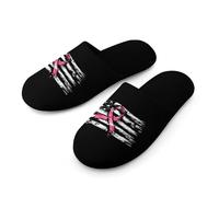 U.S Flag with Breast Cancer Ribbon Slippers Women Winter Warm Cotton Hotel Slippers Anti-Slip Bedroom Slip-Ons Shoes 36-37_(5.5-6)