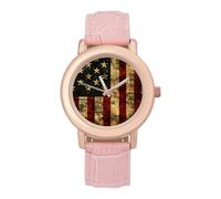 U.S. Flag with Dollar Signs Leather Fashion Women Watch Simplicity Round Wristwatch Easy Reader Ladies Watches
