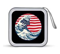 U.S. Flag with Great Wave Funny CD Holder 40 Capacity DVD Case Disc Protective Storage Organizer Bag for Car Home Travel