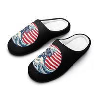 U.S. Flag with Great Waves Men's Cotton Slippers | Cozy Slip on Slippers Memory Foam Warm House Shoes for Indoor Outdoor