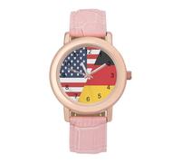 U.S. German Flag Women's Watch Pink Rose Gold Strap Wristwatch Minimalist Easy Reader Watchec