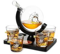 U.S. Marine Globe Whiskey Decanter Set with 4 Liquor Glasses - Marine Veteran Gift Set with Mahogany Wood Base & Emblem - Gifts for Men, U.S.A Flag - Bourbon and Scotch Military Gifts for Dad (29 OZ)