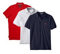 U.S. Polo Assn. Men's Solid Short Sleeve Interlock Polo Shirt, Golf Shirts for Men, Business Casual Polos, Classic Navy/White/Engine Red, Medium