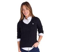 U.S. Polo Assn. Women's Cable Sweater - Soft Knit, Embroidered Pony Logo, Ribbed Trims, Casual Cozy Pullover, Black, L