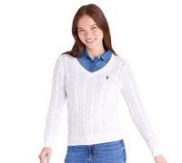 U.S. Polo Assn. Women's Cable Sweater - Soft Knit, Embroidered Pony Logo, Ribbed Trims, Casual Cozy Pullover, Egret, M