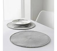 U.saf Set Of 4 Braided Round Placemats Non-Slip Pom Pom Placemats Washable Circle Shaped Dining Table Mats 4 Piece Tableware Essentials_38cm (Grey)