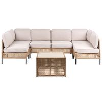 U-Shape Garden Sofa 6 Seater OMEGANA Modular PE Rattan Light Beige