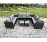 Fimous U Shape?Outdoor Rattan Garden Furniture Sofa Set Lounge Adjustable Rising Lifting Tables Footstool Dark Grey Mixed