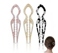 U-Shaped Hair Pins, 3-Pack Marbled 2-Prong Hair Forks for Buns and Chignons | Looped tops, open sections and wavy inner edges, pink, cream-beige and black-white patterns, everyday and formal updos