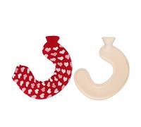 U Shaped Hot Water Bottle Soft Comfortable 1L Water Injection Neck Shoulder Relief Warm Compress for Travel Home Office Rubber Knitted Cover (Red Background White Heart)