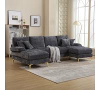 U-Shaped Modular Sofa with Pillows, Double Chaise, Rubber Pads, Chenille Fabric Sectional Couch for Living Room, 272L x 136W x 88H cm, Gray Aosom UK