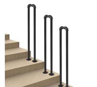 U-Shaped Stairs Handrail｜Round Tube Hand Rail Metal Wrought Iron Transitional Railing Brackets｜Staircase Grab Rail for Outdoor Indoor Steps Floor Mount｜Black(55cm/22in)