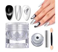 U-Shinein 2-IN-1 Cat Eye Chrome Nail Powder,Silver Nail Chrome Powder Holographic Metallic Mirror Effect Nail Powder Pigment with Cat Eye Magnet for Glitter Nail Art Decoration
