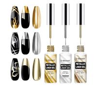 U-Shinein 3x12ml Metallic Painting Nail Gel Liner, 3D Mirror Chrome Effect Nail Art Paint, Metal Liner Gel Set with Build in Thin Brush, UV Nail Liner Gel DIY Nail Art Manicure, Set B