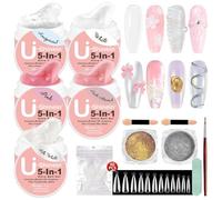 U-Shinein 5Pcs Solid Builder Nail Gel Set,5-in-1 Non-sticky 3D Sculpting Nail Gel with Gold & Silver Chrome Nail Powder,Extension false nail tips for Art Carving Modeling,Builder,and Nail Extension.