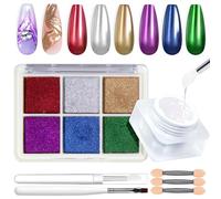 U-Shinein Chrome Nail Powder Set, 6 Color Chrome Glitter Powder, Metallic Semi Solid Modeling Gel, Mirror Nail Art Powder Set with Nail Brush, Silicone Nail Brush for Nail Art Nail Design, 08