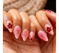 U-Shinein Medium Almond Press On Nails, False Nails with Gradient Magenta Red Burgundy Petals Design,Acrylic Nail Tips for Jelly Gel Nail Art