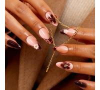 U-Shinein Medium Almond Press On Nails, False Nails with Leopard French Brown Petals 3D Sculpted Pattern Design,Acrylic Nail Tips for Jelly Gel Nail Art