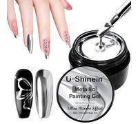 U-Shinein Metallic Painting Gel for Nails - Mirror Silver Golden, Upgraded Super Reflective Metal UV Gel - DIY Nail Art Paint Liner, Ultra-Bright Silver