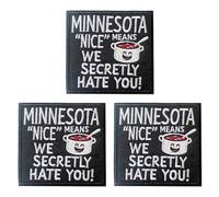 U-Sky Funny State Roast Patches, US States Sarcastic Embroidered Iron-Ons for Hat, Jacket, Backpack, American Geography Humor Gifts (Minnesota Nice Means we Secretly Hate You)