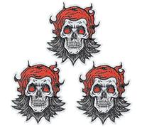 U-Sky Sew or Iron on Embroidered Patches | Crazy Skull with Red Flame Hair & Beard Fire Eye Design | Gothic Biker Style | Rockers Motorcycle Enthusiasts | Jackets Vest Bags | 2.9"x2.5" 3PCs Pack