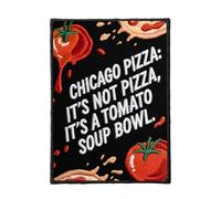 U-Sky Sew or Iron-on Sarcasm Applique Patches | Chicago Pizza Satire Embroidered Patch | Tomato Soup Bowl Humor Design | Red & White Text Art for Foodie Fans | American Geography Humor Gifts