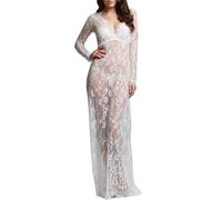 U-Story Women's Deep V Neck Lace See Through Maternity Dress Long Sleeve Beach Dresses - White -