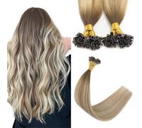 U Tip Hair Extensions Real Human Hair 50 Strands 50g 20inch Balayage Walnut Brown to Ash Brown and Blonde Pre Bonded U Tip Extensions #3/8/22 20inch