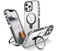 U UMIONE for iPhone 15 Pro Max Magnetic case with Stand and Finger Ring, Compatible with magsafe, Shockproof Transparent Hard Plate, Full Body case, Universal for Boys and Girls 6.7 - Black