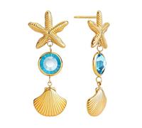 U UWorld Gold Starfish Earrings 1.55" Summer Beach Jewelry Shell Drop with Blue Crystal, Stainless Steel Non-Tarnish Dangling Seashell Earrings for Women Coastal Accessories