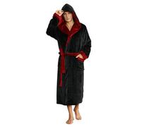 U2SKIIN Mens Fleece Dressing Gown Hooded Robe Plush Bathrobe (Black/Burgundy, S/M)
