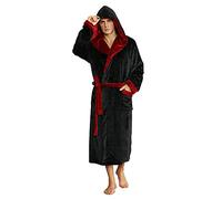 U2SKIIN Mens Fleece Hooded Robe Plush Bathrobe (Carbon Black/Burgundy, 2XL/3XL)