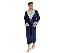 U2SKIIN Mens Fleece Robe Plush Collar Shawl Bathrobe (Navy/Light Grey, 2XL/3XL)