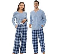U2SKIIN Mens Pajama Sets, Plaid Pajama Set for Men and Women Soft Warm Pjs Set (Blue Mel./Navy-Blue Mel. Plaid,2XL)