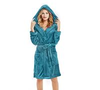 U2SKIIN Women Hooded Dressing Gown, Short Plush Fleece Bath Robes for Womens With Hood Soft Warm Spa Bathrobe (Blue Green-Hooded, L/XL)