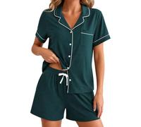 U2SKIIN Women's Cotton Pyjama Set Short Sleeve Button Down Soft Summer PJs(Dark Green,XL)