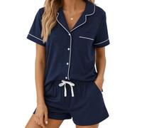 U2SKIIN Women's Cotton Pyjama Set Short Sleeve Button Down Soft Summer PJs(Navy,L)