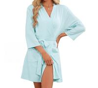 U2SKIIN Women's Tencel Cotton Kimono Robe, Lightweight Short Knee Length Dressing Gown, 3/4 Sleeve Soft Loungewear Bathrobe with Pockets(Aqua Blue,L)